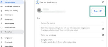 "Turn off" button highlighted in the Google sync settings on Google Chrome.