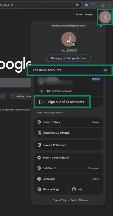 "Sign out of all accounts" button highlighted on Google Chrome.