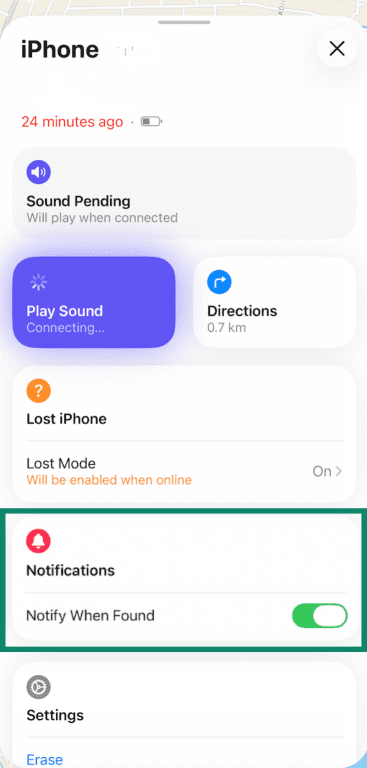 iPhone Find My app with Notify When Found option highlighted.