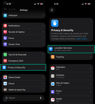 iPhone Settings showing Privacy & Security and Location Services.