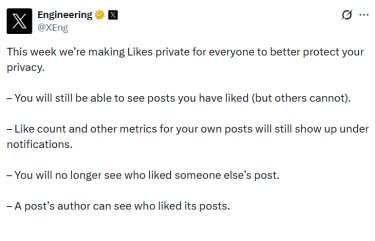 A tweet by the X engineering team in July 2024 explained that all likes are now private.