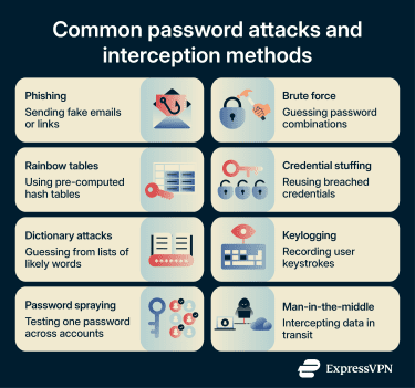Eight common password attack methods: phishing, brute force, rainbow tables, credential stuffing, dictionary attacks, keylogging, password spraying, and man-in-the-middle.