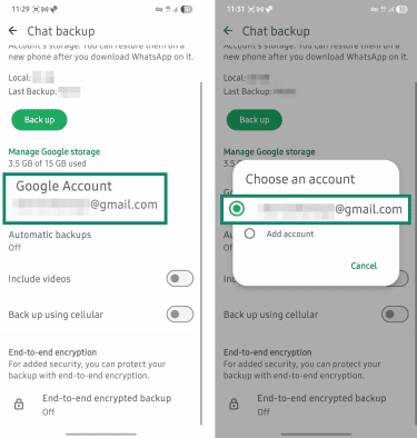 Choosing WhatsApp backup account.