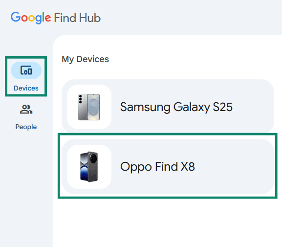 Choosing a device in Google's Find Hub