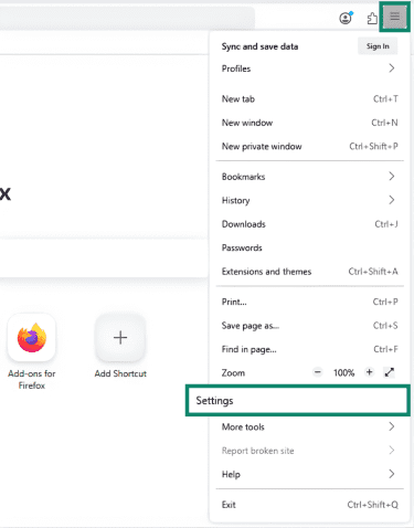 Settings menu on Firefox browser.