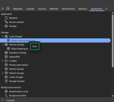 Clear option highlighted after selecting a local storage entry in the Application menu of Google Chrome's developer tools.