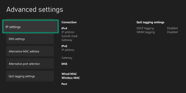 The Xbox advanced network settings menu, showing the IP settings option.