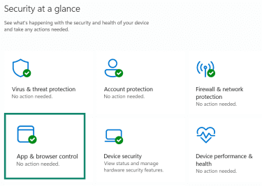 Windows Security Security at a glance page with App & browser control highlighted.