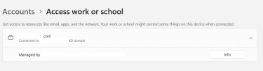 Access work or school settings showing the device connected to an AD domain and managed by an organization.