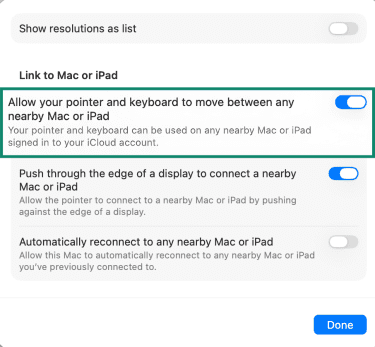 macOS Advanced Display settings with the first toggle enabled.