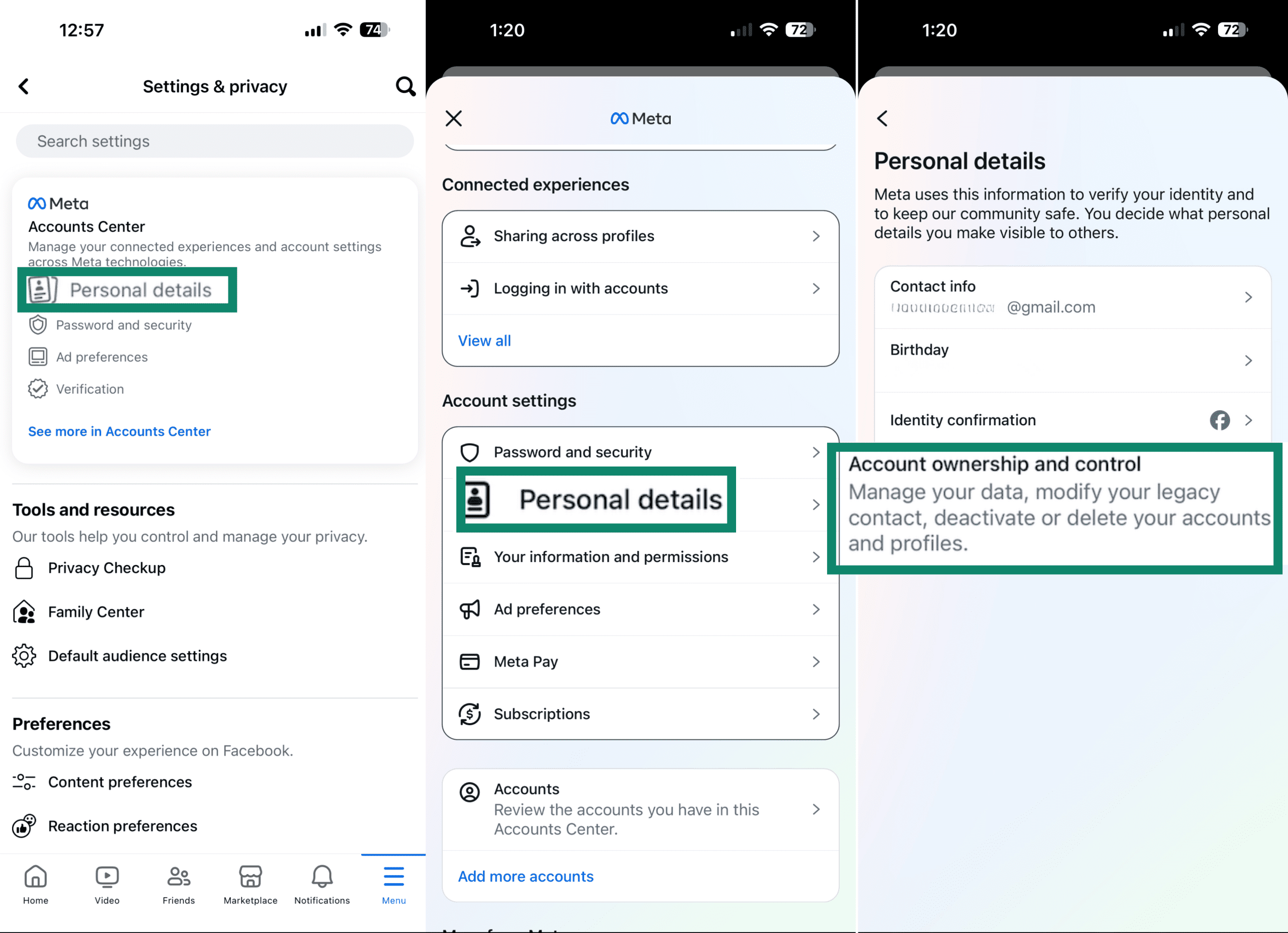 Personal details menu in Facebook's account settings menu.