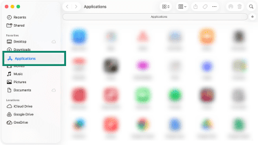 MacOS' Finder window with the Applications menu item highlighted.