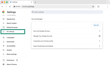 Chrome's Settings panel with the On Startup option highlighted.