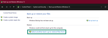 Windows control panel with "Select another back-up to restore files from" highlighted.