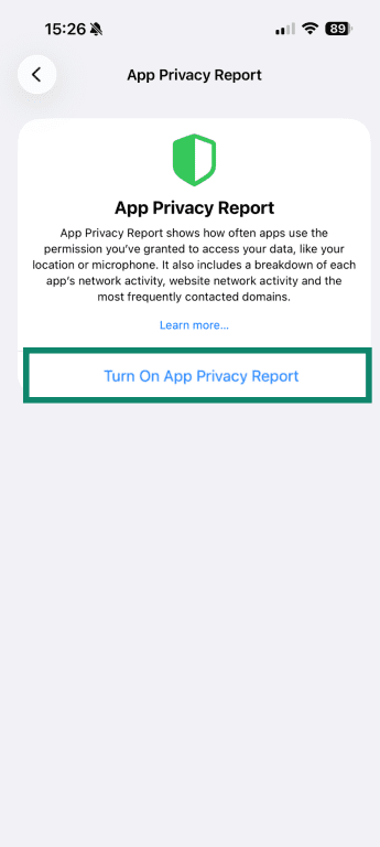 App Privacy Report settings on iPhone.