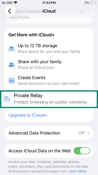 iPhone iCloud settings with Private Relay highlighted.