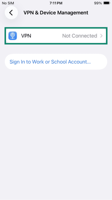 iPhone VPN & device management settings with VPN highlighted.