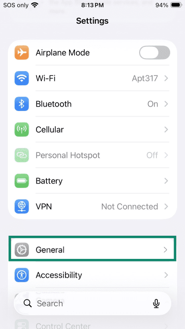 iPhone settings menu with General highlighted.