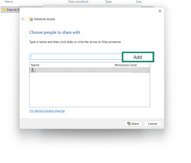 The sharing dialog box in Windows File Explorer, showing the option to add a new user.
