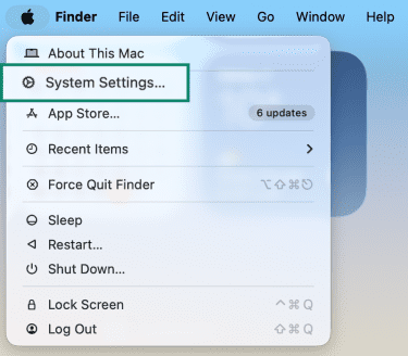 Apple menu open on macOS with System Settings highlighted.