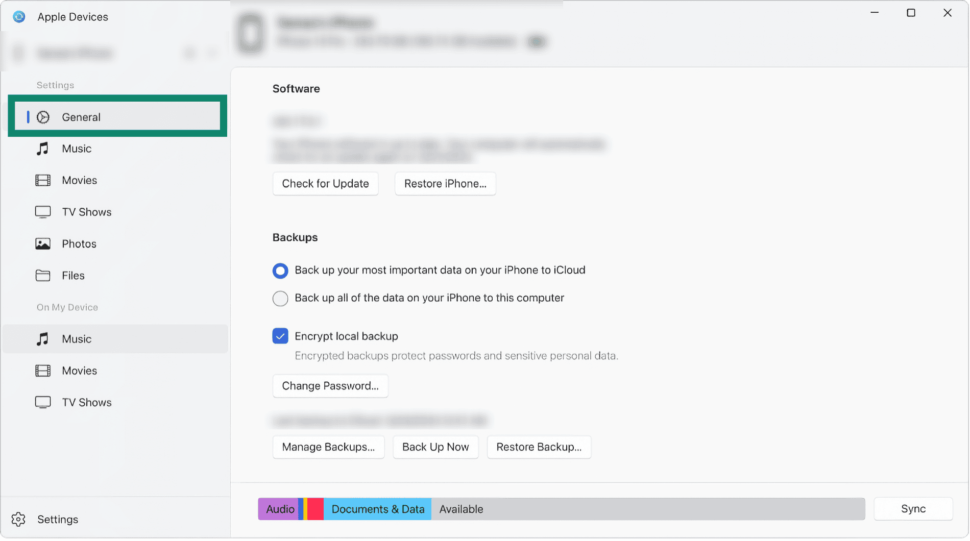 Windows' Apple Devices app interface, showing a connected iPhone.