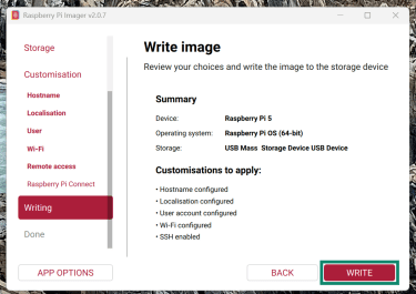 Screenshot showing the final summary menu menu before starting the Raspberry Pi OS setup.