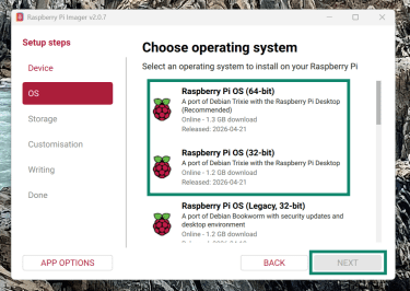 Screenshot showing the Raspberry Pi operating system selection menu in the Raspberry Pi OS setup.