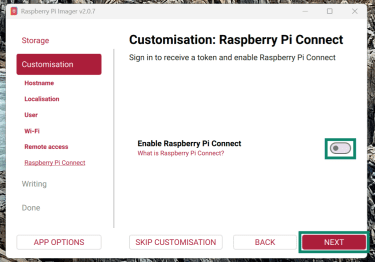Screenshot showing the Raspberry Pi Connect selection menu in the Raspberry Pi OS setup.