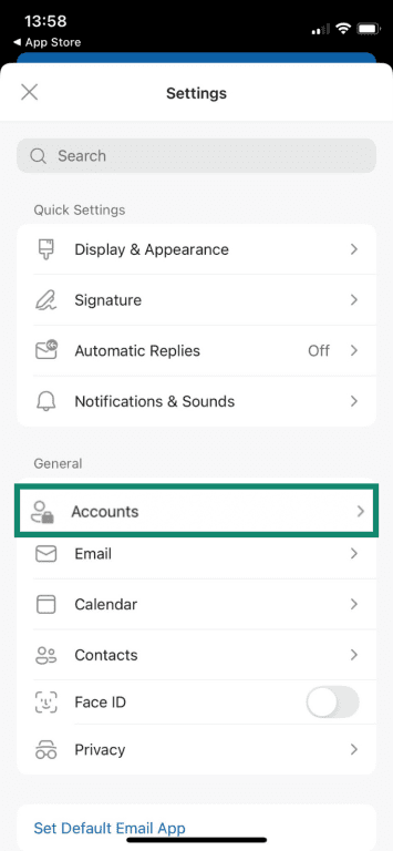 The Outlook account settings on iPhone.