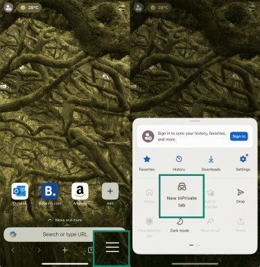Two side-by-side screenshots of the Microsoft Edge app on mobile. The left screenshot highlights the tabs icon at the bottom of the screen. The right screenshot shows the “New InPrivate tab” option selected to enter private browsing mode. 