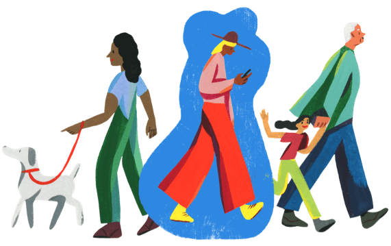 강아지와 산책하는 사람, 어른과 아이, 휴대폰을 사용하는 사람