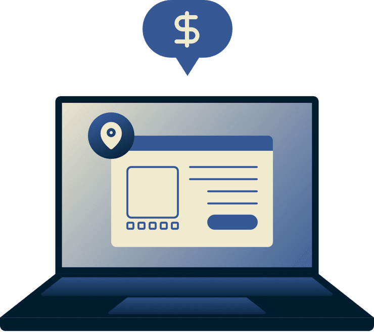 Bärbar dator som visar ett webbläsarfönster med en platsnål och ett dollartecken ovanför.