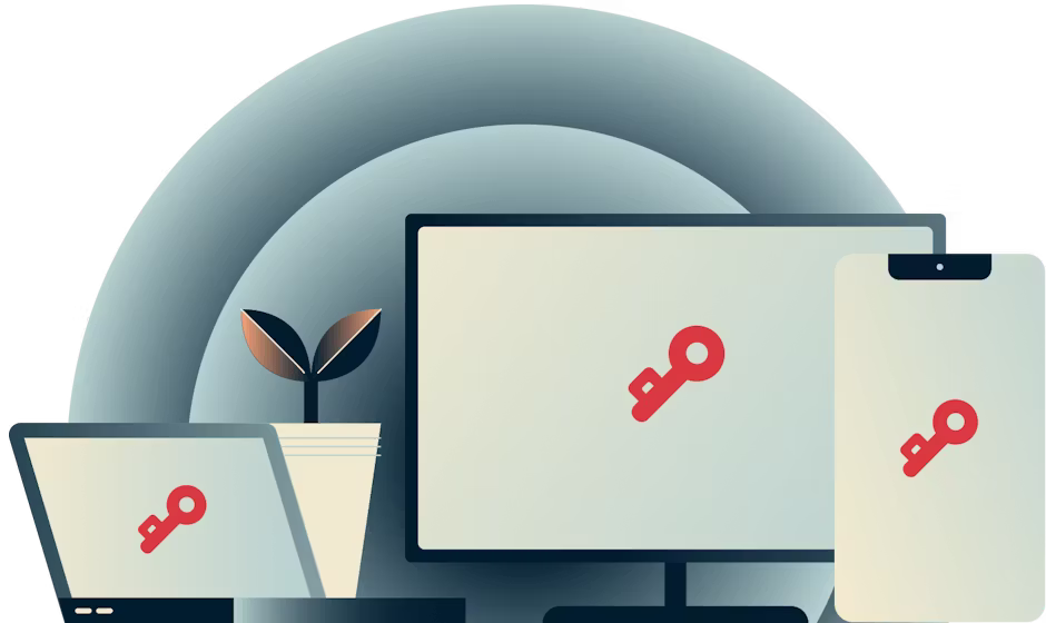 A range of devices with a ExpressVPN Keys logo padlock.